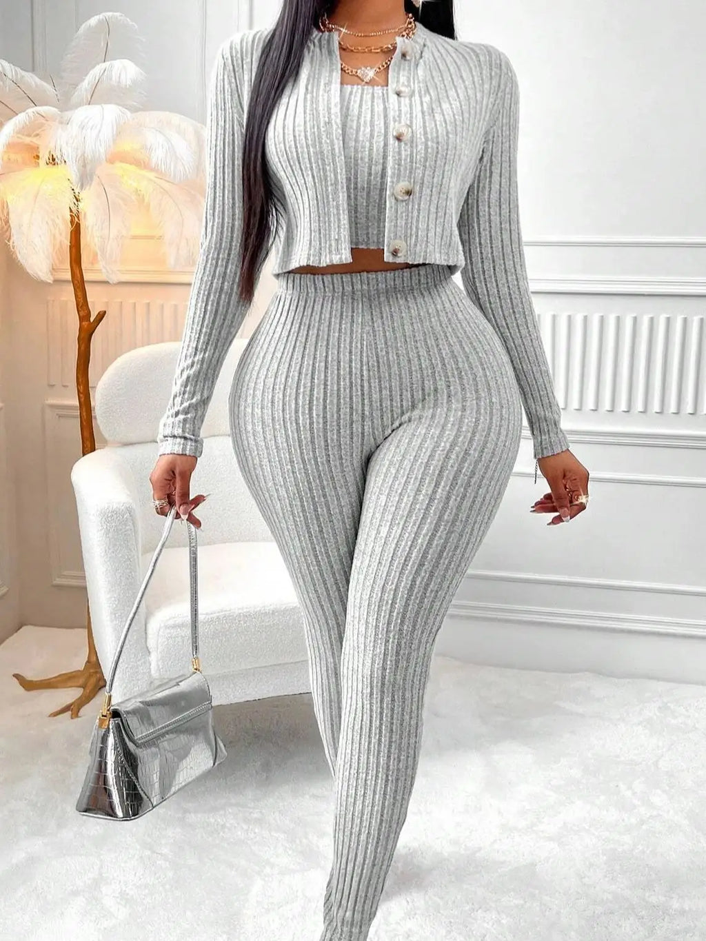 3-Piece Set of Solid Color Camisole, Front-Button Jacket, and Leggings