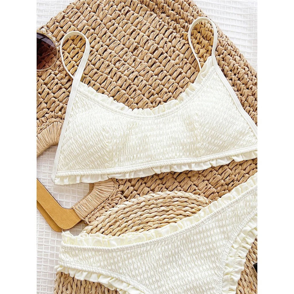 Frilled Ruffled Wrinkled Mid Waist Bikini Women Swimwear Female Swimsuit Two-Pieces Bikini Set Bather Bathing Suit Swim V5844