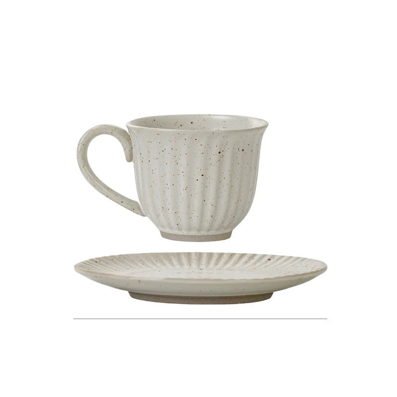 A Set of Cups and Plates Coffee Cup Retro Style Ceramic Striped Office Afternoon Tea Coarse Pottery Drinking Water Milk Cup
