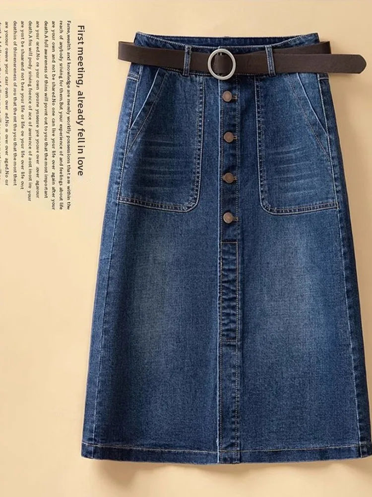 High Waist Washed Cotton Denim Skirt Mid-Length A-Line Women's Skirt Spring Summer New Style Casual Pure Color Button Design