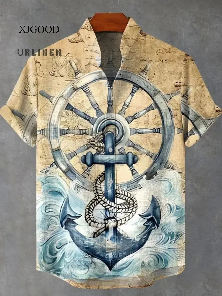 Men's Short Sleeve Printed Shirt Fashion Urban Style Polyester Fabric Loose Fit Casual Wear Turn-down Collar Classic Design