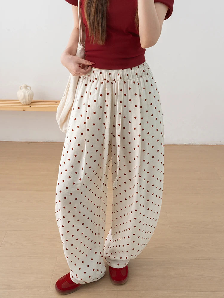 Linen Polka Dot Wide-Leg Pants for Women's Summer, Thin High-Waisted Loose and Laid-Back Style Yamamoto Pants, Casual Straight-L