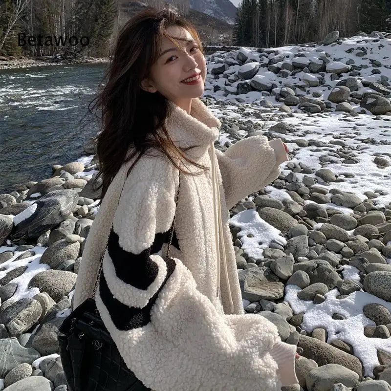 Women Causal Color Block Fleece Jacket Drawstring Zip Up Loose Contrast Striped Warm Winter Coat for Daily