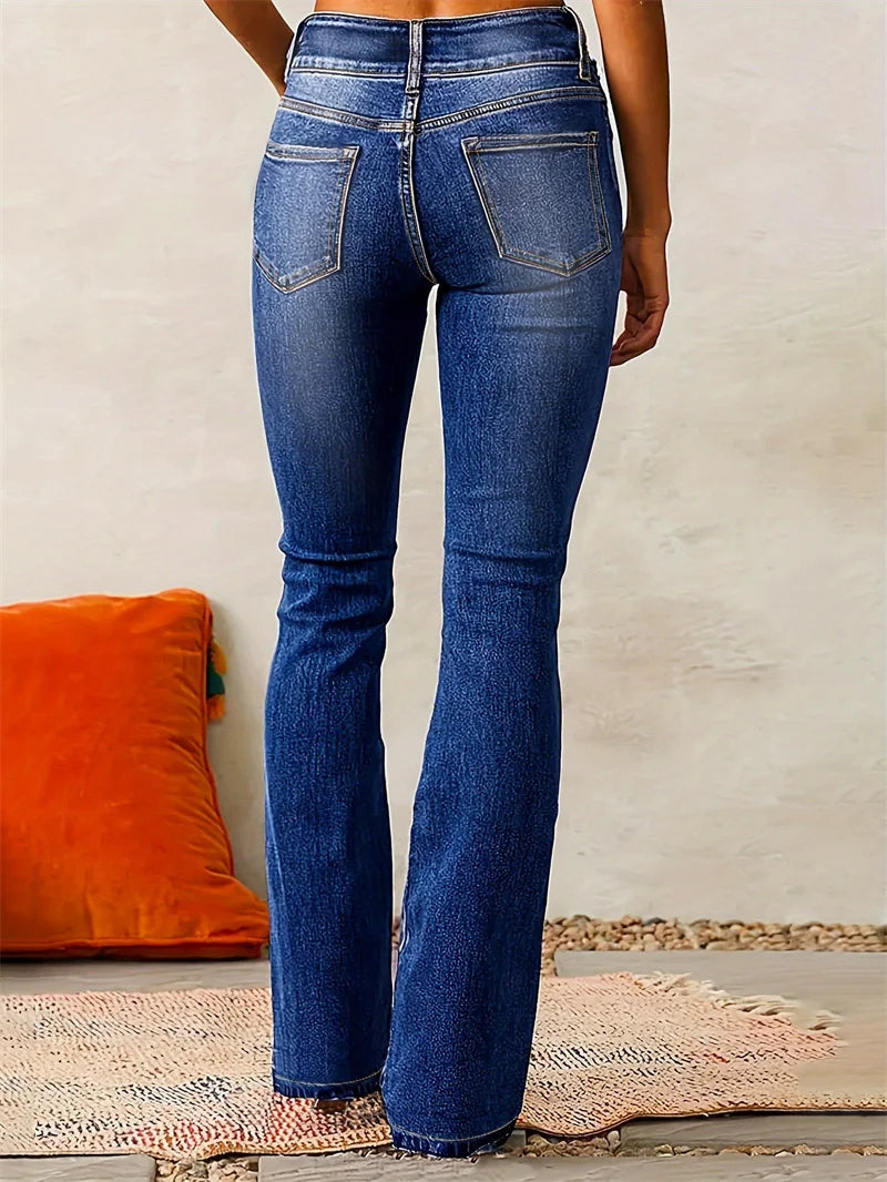 2025 Vintage Mid Waist Washed Stretch Jeans Women New Micro Flared Trousers Casual Commuter Female Denim Pants Trend Streetwear