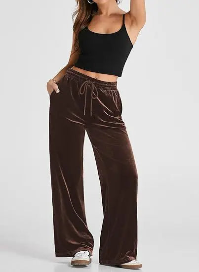 Women's High Waist Velvet Wide Leg Pants Drawstring Elastic Waist Loose Casual Trousers Autumn Winter Solid Color Long Pants B