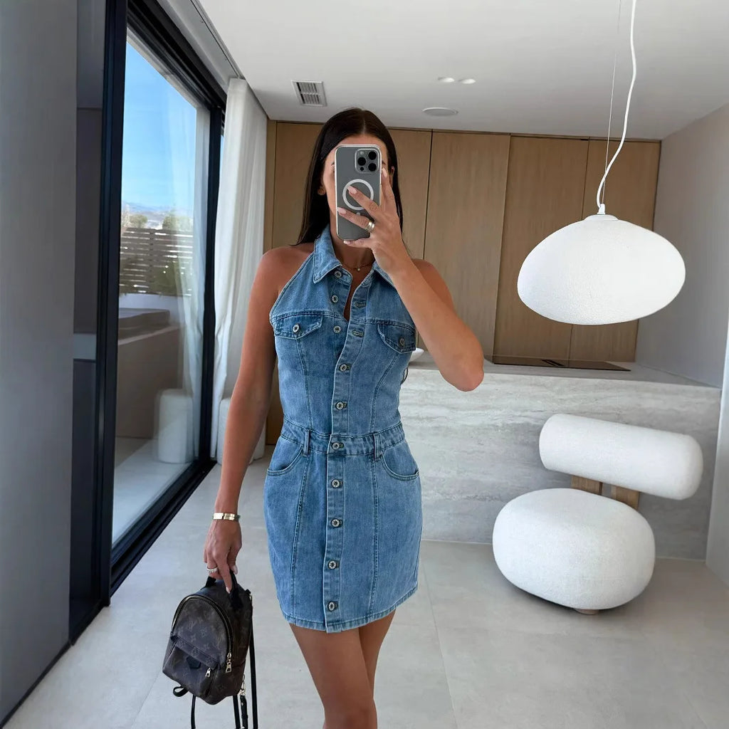 Women's Denim Vest Dress Halterneck Low-cut Collar Single-breasted Button-down Dress Casual Chic Fashion Mini Skirt Y2k Clothes