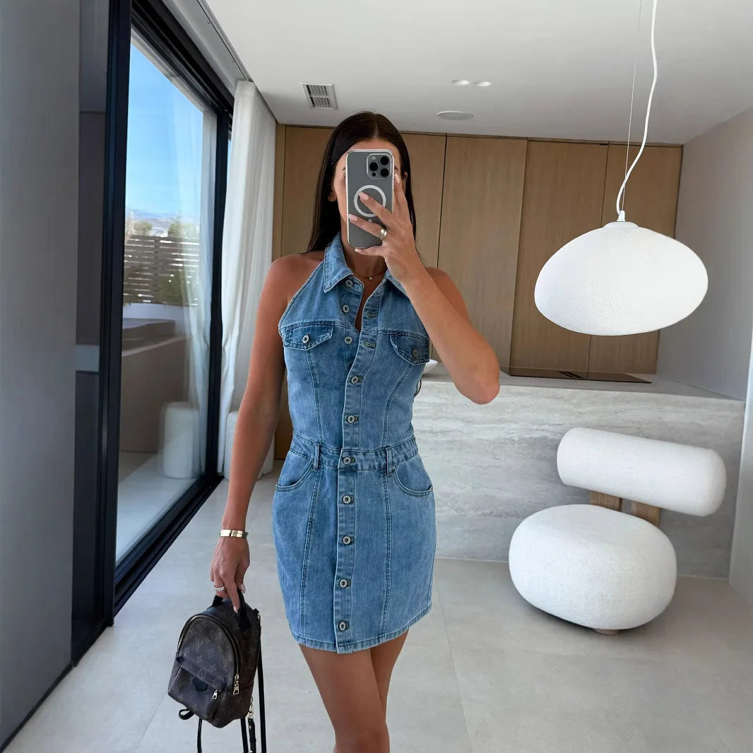 Women's Denim Vest Dress Halterneck Low-cut Collar Single-breasted Button-down Dress Casual Chic Fashion Mini Skirt Y2k Clothes