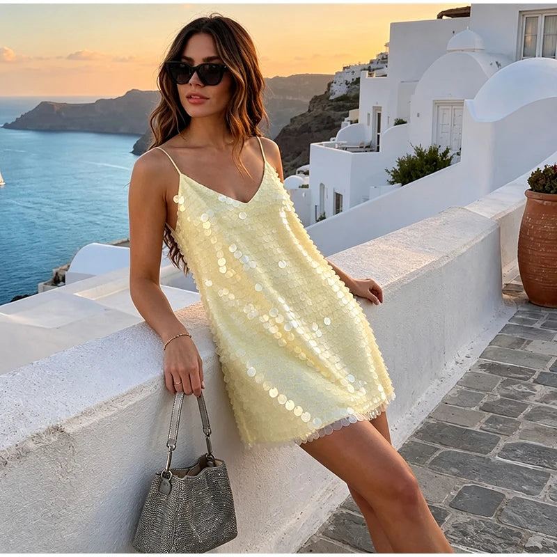 Sexy Lace Sequined Patchwork Women's Dress Sling Hollow Out Waist-Closed Lady Mini Dresses 2026 Summer Autumn Chic Female Robe