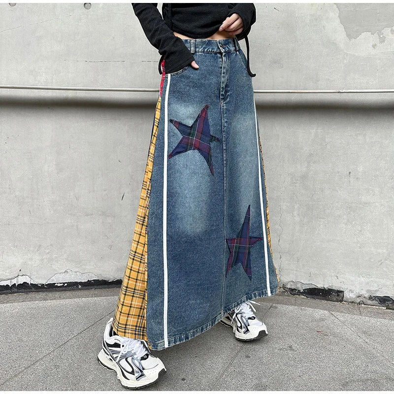 High Fashion Denim Skirt Women Elastic High Waist A-Line Long Skirt Female Colorful Patchwork Plaid Jean Skirt