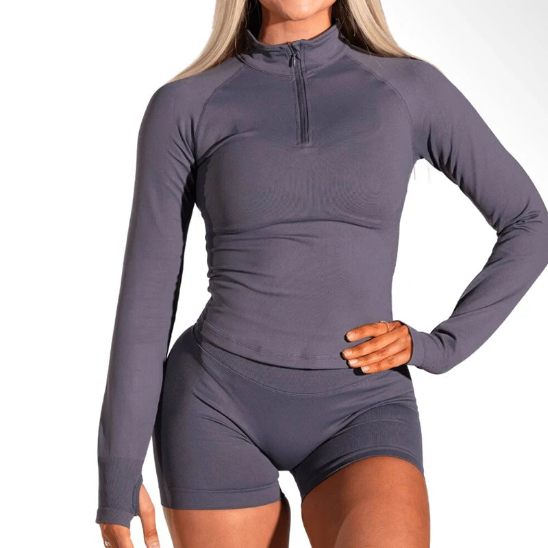2026 2pcs Long Sleeve Yoga Set Women Half Zippy Jacket Longline Sports Top Gym Shorts Fitness Suits Running Coats Workout Set