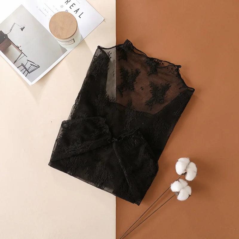 Women Half High Collar Mesh Bottomed Blouse T-shirt Lace Ear Edge Spring and Autumn Western-style Hollow Long Sleeve Lace Top