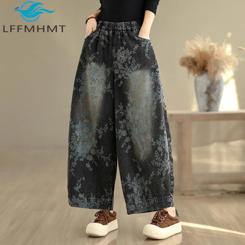 Spring Summer Retro Printed Denim Pants for Women Good Quality Elastic Waist Jeans Loose Casual Wide Leg Straight Trouser