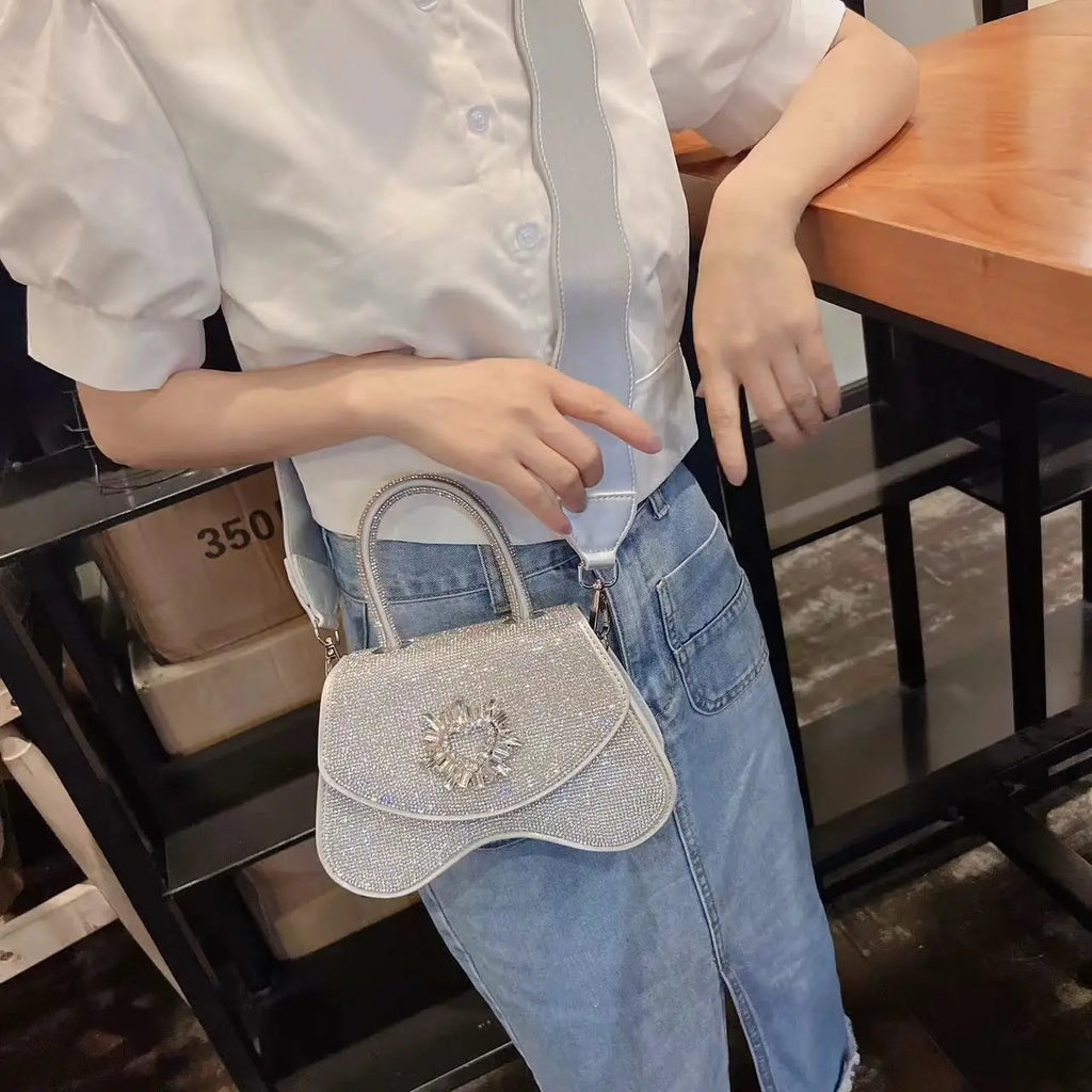 Luxury Women Handbag Glitter Shiny Rhinestones Diamonds Evening Bag Wedding Party Clutch Purse Wide Strap Shoulder Messenger Bag