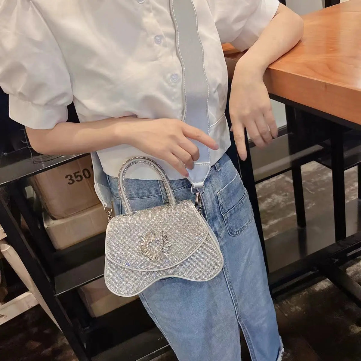 Luxury Women Handbag Glitter Shiny Rhinestones Diamonds Evening Bag Wedding Party Clutch Purse Wide Strap Shoulder Messenger Bag