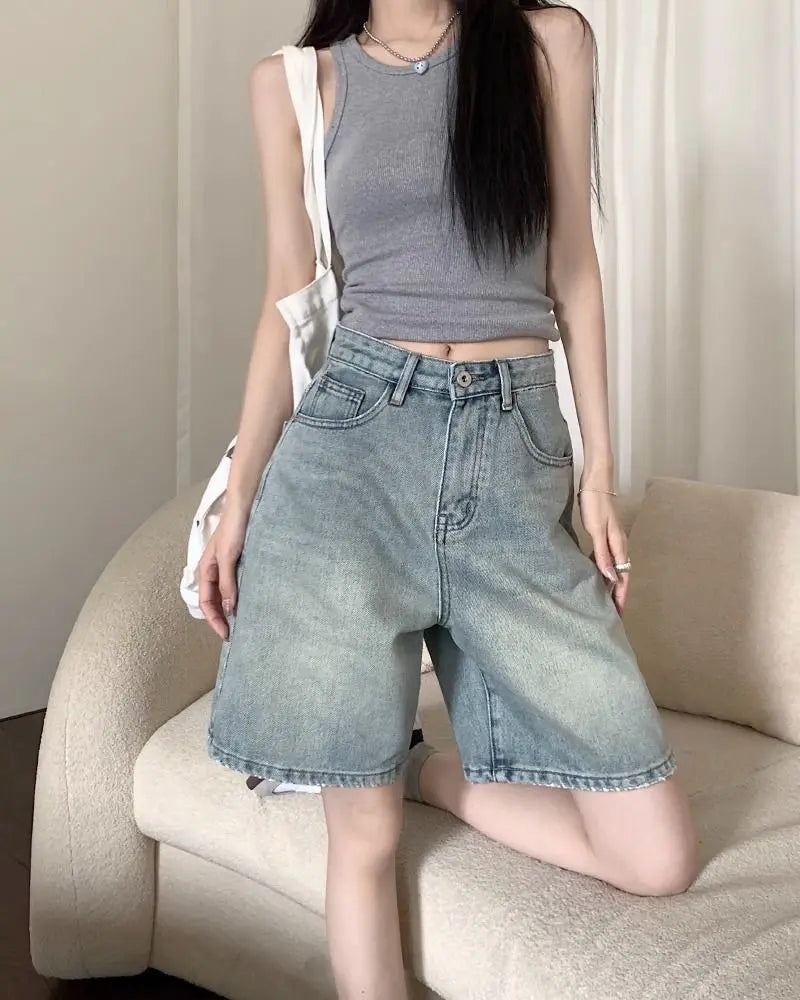 Denim Shorts Vintage High Waist Loose Fit Distressed Design Ins Style Sweet Spicy Girls All-match Casual Summer Streetwear Y2k