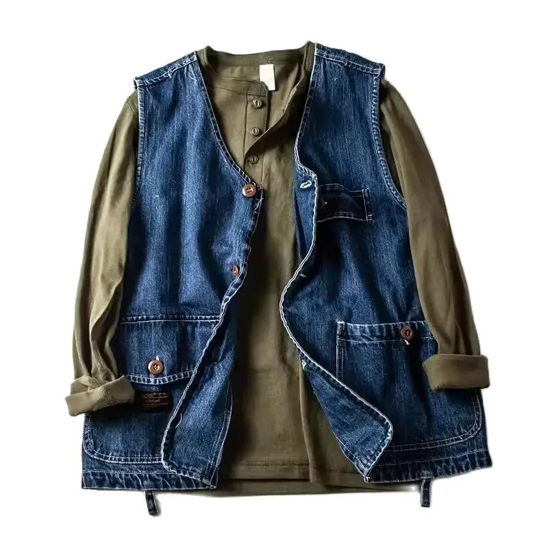 Men Vests Men's Summer Vintage Multi-pocket Sleeveless Vest Mens Casual Cotton Denim Vests Safari Style Vest Coat Waistcoat Male