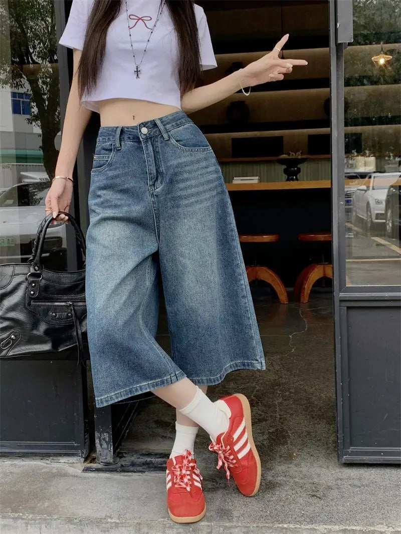 Summer American Style Vintage Women Baggy Jeans Y2k Loose Washed High Waist Knee Length Denim Pants Streetwear Wide Leg Shorts