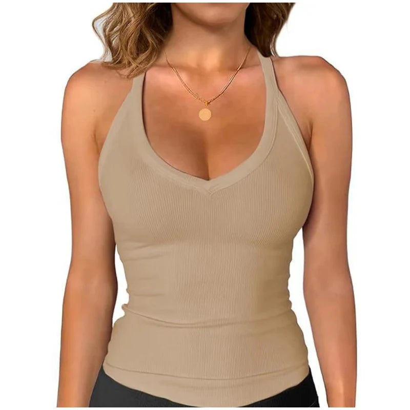 Lady Sexy V-neck Camisole Halter Top With Built In Bra Tank Tops Casual Summer Cotton Padded Sport Vest Breathable Hot Girl Vest