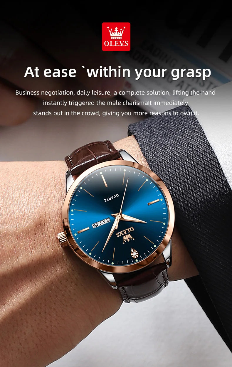 OLEVS 2935 Business Casual Men's Watch Waterproof Leather Strap Luxury Brand Date Week Temperament Trend Quartz Men's Watch