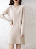 Knit Dresses for Women's Fashion Sweater 100% Merino Wool Winter Ladies O-Neck Warm Knitted Dress Fall Female Casual Black Skirt