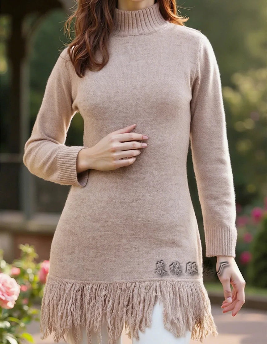 Knitted Dresses 2025 Woman High Neck Vestidos Tassel Sweater Pulls Femmes Keep Warm Homewear Solid Color Temperament Commuting