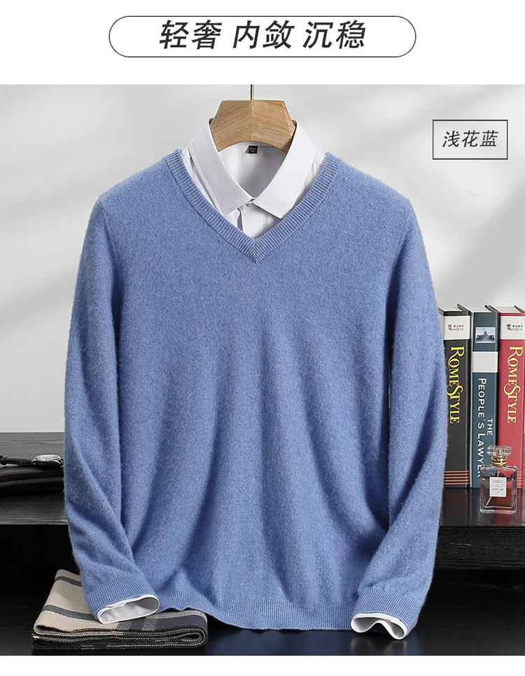 Autumn/Winter Men's 100% Cashmere Pullover Business Casual Solid Knitted Sweater Loose POLO Collar Tops Basic Thick Warm Jumper