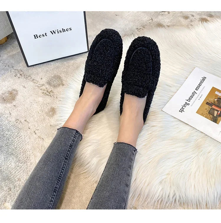 Lambwool Moccasins Femme Curly Sheep Fur Flats Woman Warm Plush Loafers Winter Cotton Shoes Women Furry Snow Boot