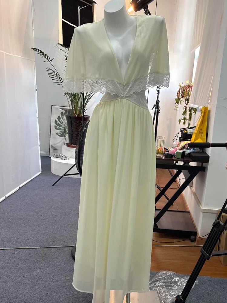 Elegant Short Sleeve Hollow Out Maxi Dresses Fashion Lace Patchwork Women Chiffon Dress 2026 Summer New Lady V Neck Long Robes