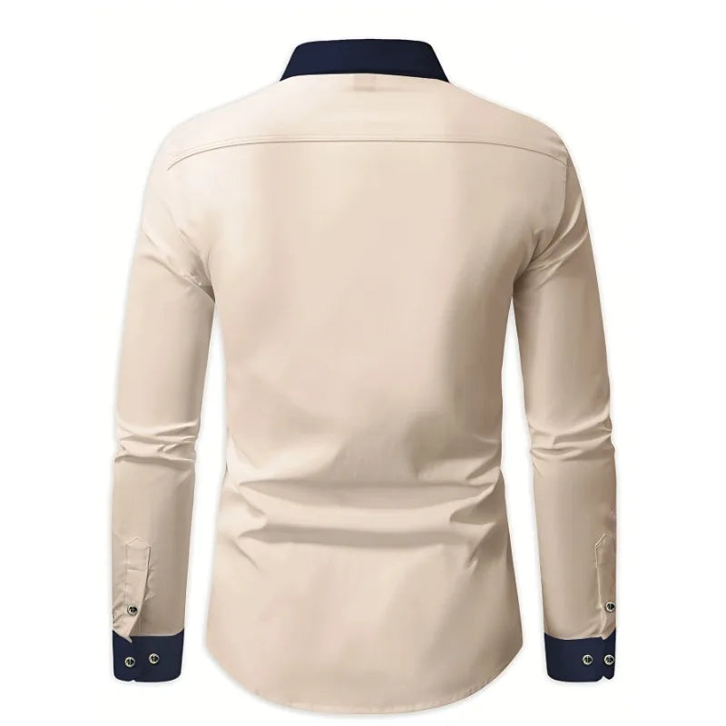 2025 FGKKS Men's Shirt Fashion New Arrival Patchwork Khaki Long Sleeve Smart Casual Elastic Quality Brand Male Business Shirt