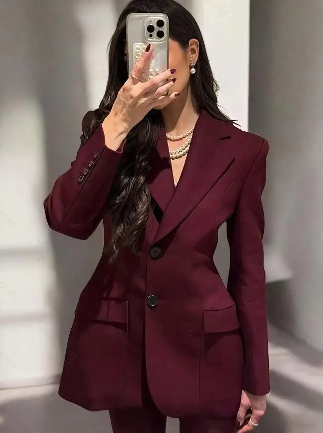 Burgundy Single-Breasted Cinched Waist Blazer, Tailored Hourglass Fit Peak Lapel Jacket, Sophisticated Office & Evening Wear