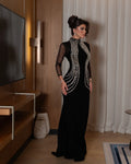 Aunber Black High Collar Long Sheer Sleeves Evening Dresses Handmade Rhinestones Floor Length Exquisite Prom Gowns Bridal Party