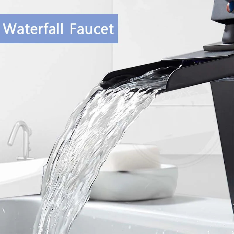 Basin Faucet Brushed Chrome Waterfall Faucet Stainless Steel Bathroom Black Washbasin Faucet Hot and Cold Mixer Tap Table Faucet