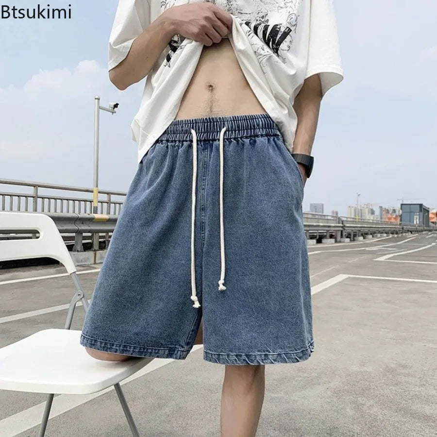 New Men's Fashion Vintage Jeans Summer Loose Casual Male Wide Leg Knee Length Shorts Washed Short Denim Pants Male Streetwear