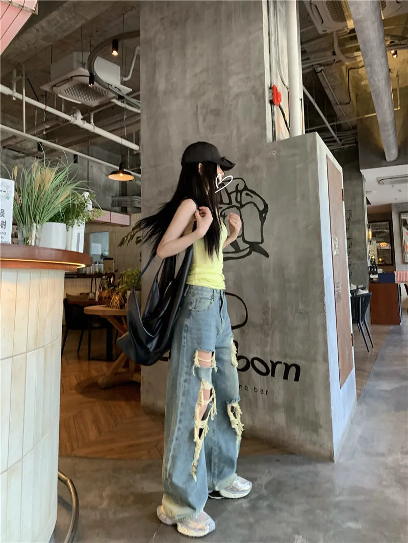 Retro Ripped Jeans for Women Summer High Waisted Loose Straight Leg Pants 2026 New Casual High Street Wide Leg Denim Trousers