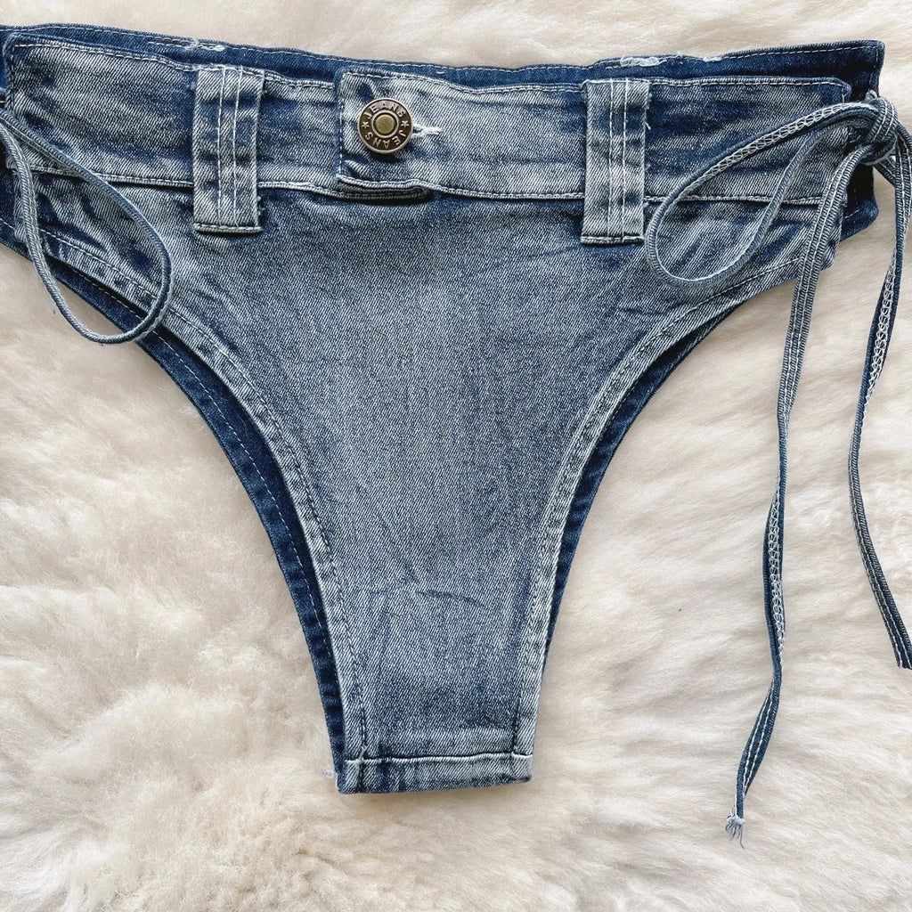 Retro Women Bikini Denim Suits Summer Halter Camis Mini Short Pant Fashion Vacation Suits Sexy Comfortable