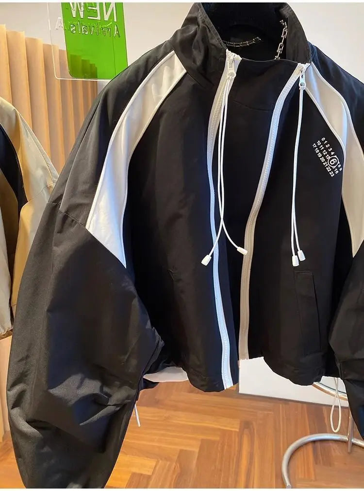 Color-Blocked Loose Casual Stand Up Collar Trench Coat Women's Spring Autumn Patchwork Short Jacket Double Zipper Outwear