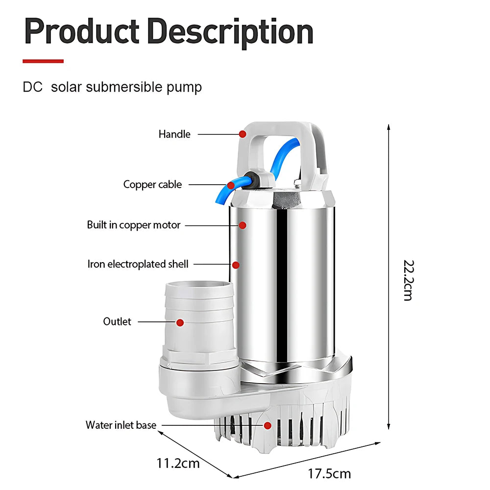 12V 24V DC Solar Submersible Water Pump Pure Copper Winding Motor High Lift Deep Well Water Pump For Farm Garden Irrigation