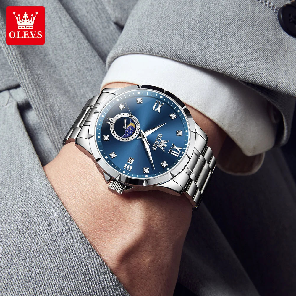 OLEVS 2956 Mens Watch Business Original Quartz Watch Large Dial Waterproof Luminous Automatic Date Moon Phase Watches For Man