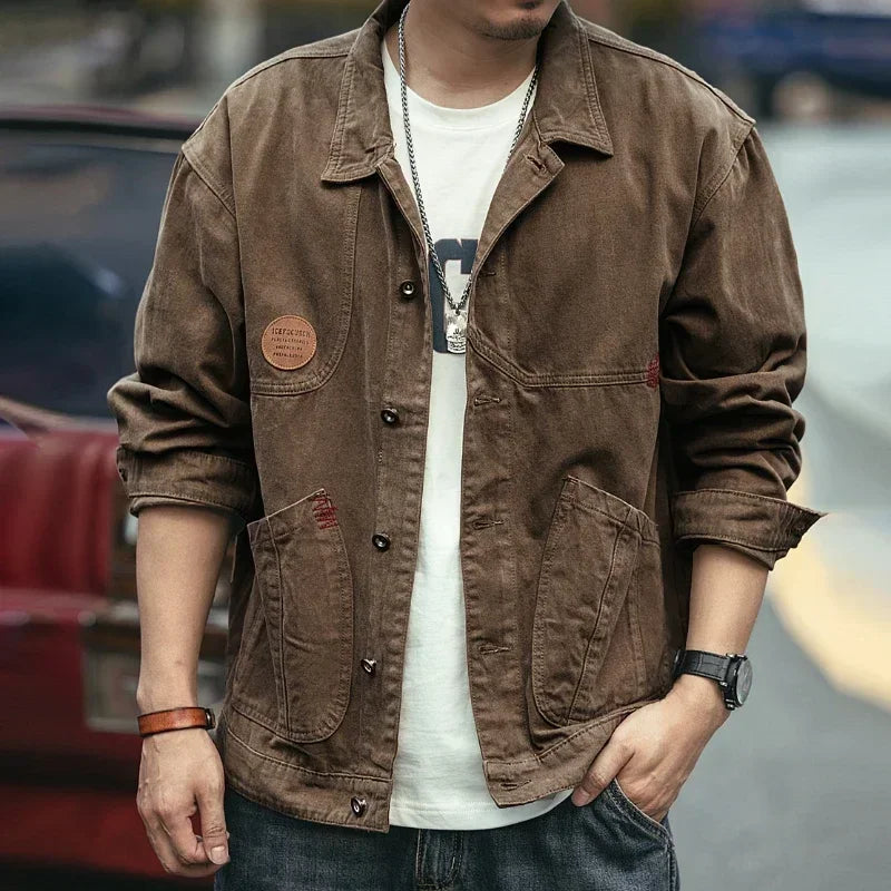 Men's Denim Jacket Vintage Brown Male Jean Coats Cargo Designer Washed Clothing Winter 2025 Korean Style Elatic Original Cowboy