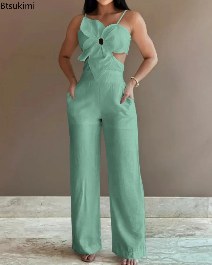 2026 Summer Spaghetti Strap Fashion Jumpsuit Women's Floral Pattern Hollow Casual Asymmetrical Collar Backless Jumpsuit Trousers