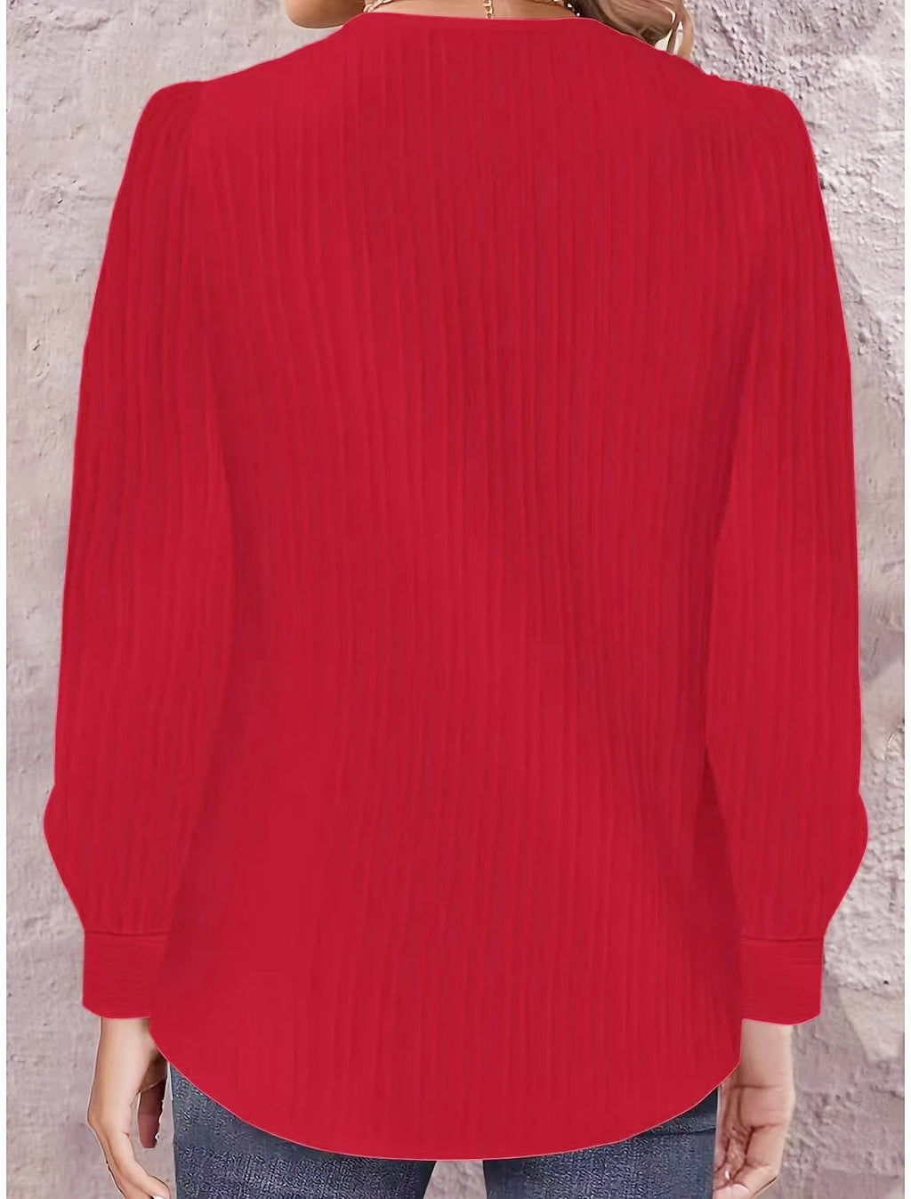 Women's Asymmetric V-Neck Ribbed Long Sleeve Blouse with Decorative Buttons, Casual Loose Fit Textured Top for Fall & Winter Dai