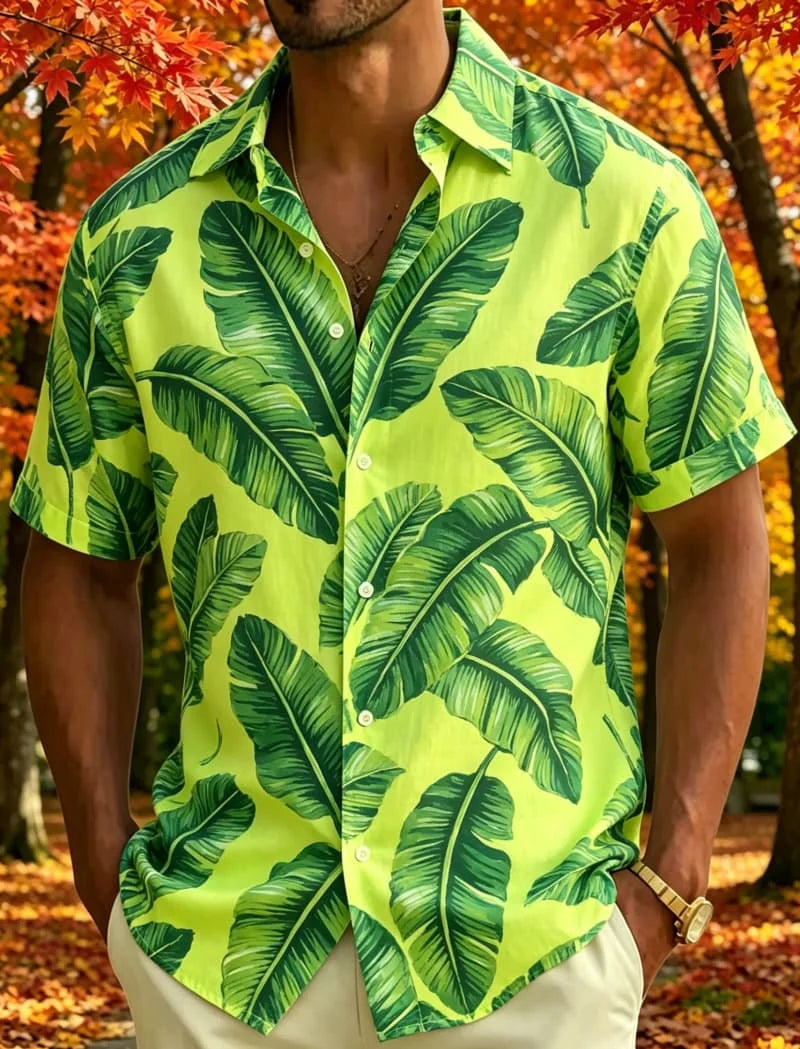 Men's Leaf Print Tropical Short Sleeved shirt, Suitable For Summer wear, Casual activities, And Versatile Natural Style