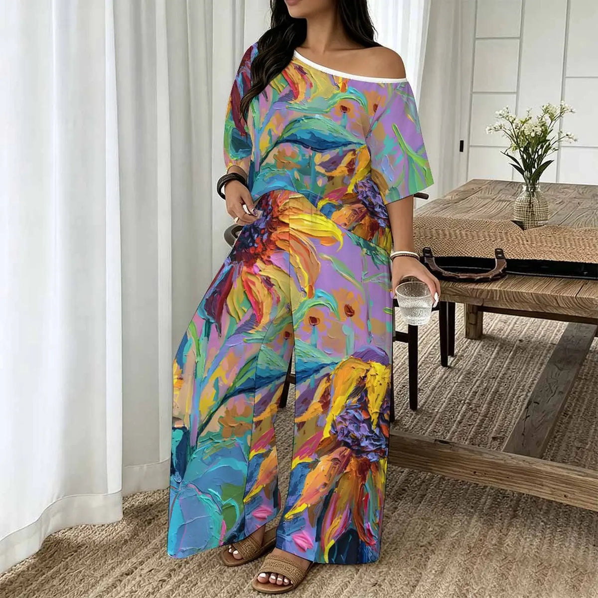 Plus Size Women Spring/summer Fashion Print Two Piece Off-shoulder  Round Neck T-shirt Casual Vacation Long Pants