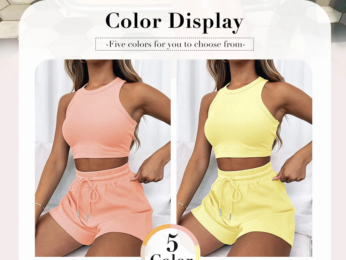 Women's Solid Waffle Textured Shorts Set, Co Ords for Women, Breathable O-Neck Crop Tank Top & Drawstring Shorts Two-piece Set