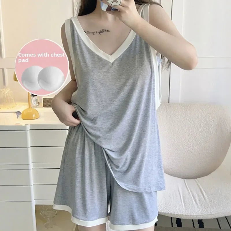Women Sleeveless Summer Casual 2/pce Set Girls Spaghetti Strap Vest Shorts Outfit Lady Color Blocked Bra Pad Fashion Loungewear