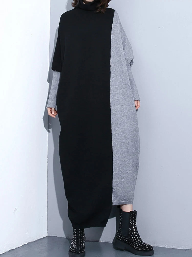 [EAM] Women Coffee Color-block Big Size Long Sweater Dress New Turtleneck Long Sleeve Fashion Tide Spring Autumn 2026 1DJ2393