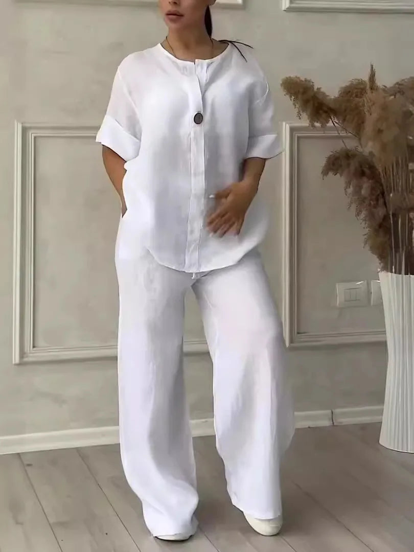 Casual Solid Color Pullover Long Pants 2-piece Set Women's Cotton and Linen Pants Suit White Pink