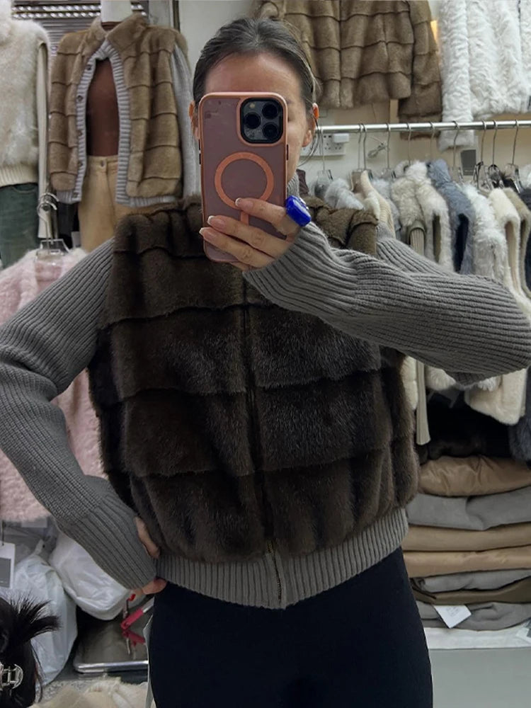 2026 Spring Knitted Long Pants Sets For Women Faux Fur Patchwork Zipper Sweater Jacket Wide Leg Trousers Lady Chic 2 Pieces Sets