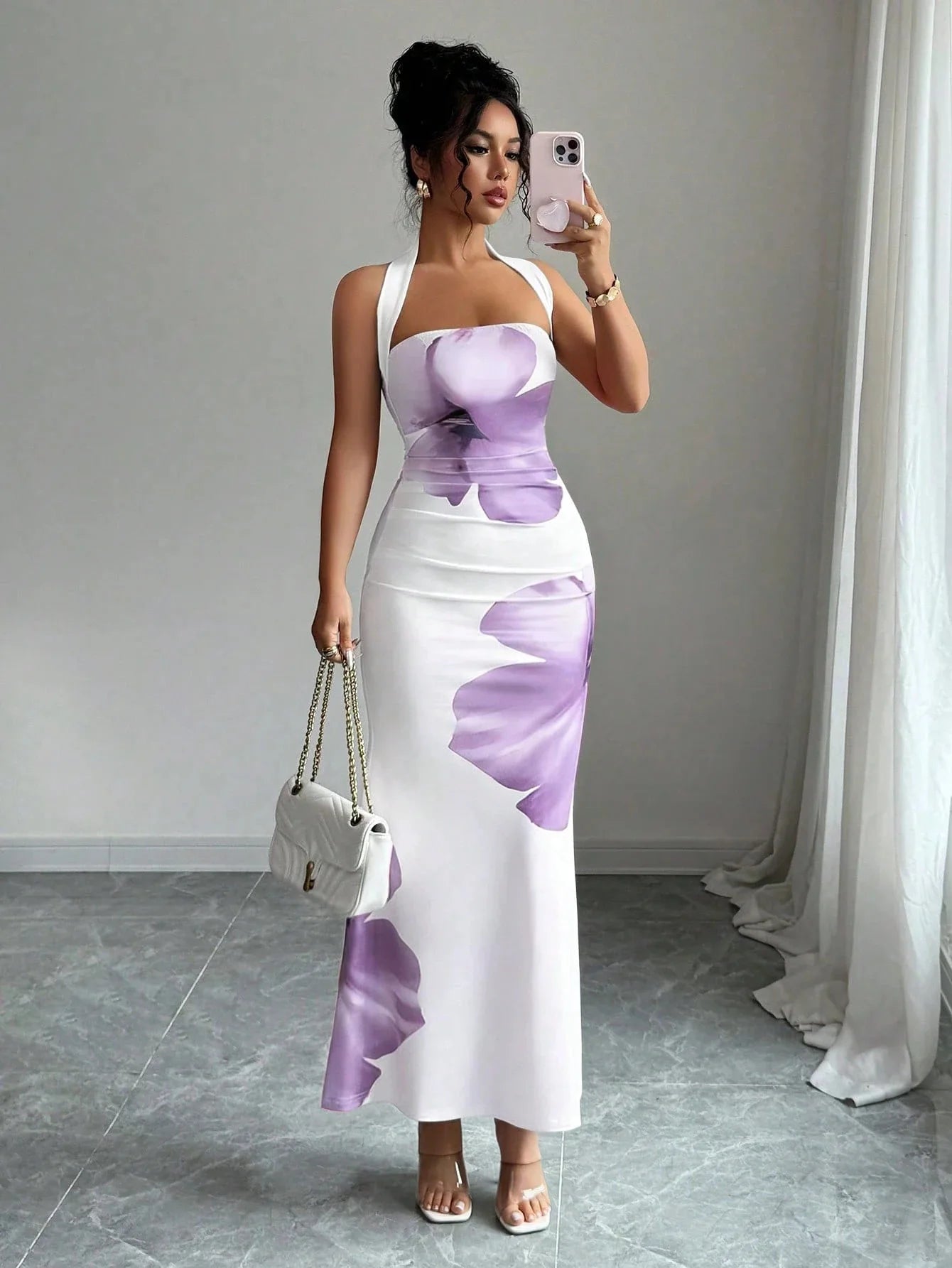 Women's 2026 New Popular Neck Halter Long Dress Hip-wrapped Printed Dress White Dress Birthday Dress for Women Summer Dress
