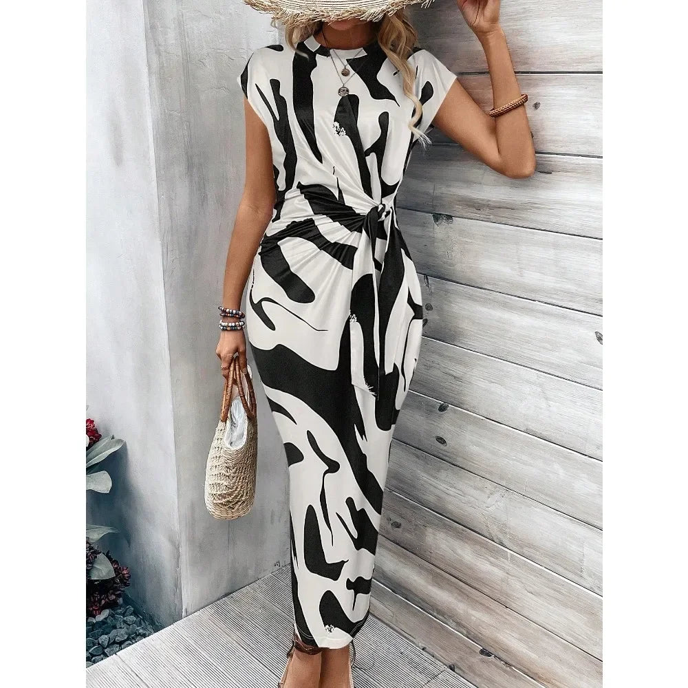Retro leopard print dress with round neck covered sleeves twisted sides waist cinching, slim fit, hip hugging women's clothing
